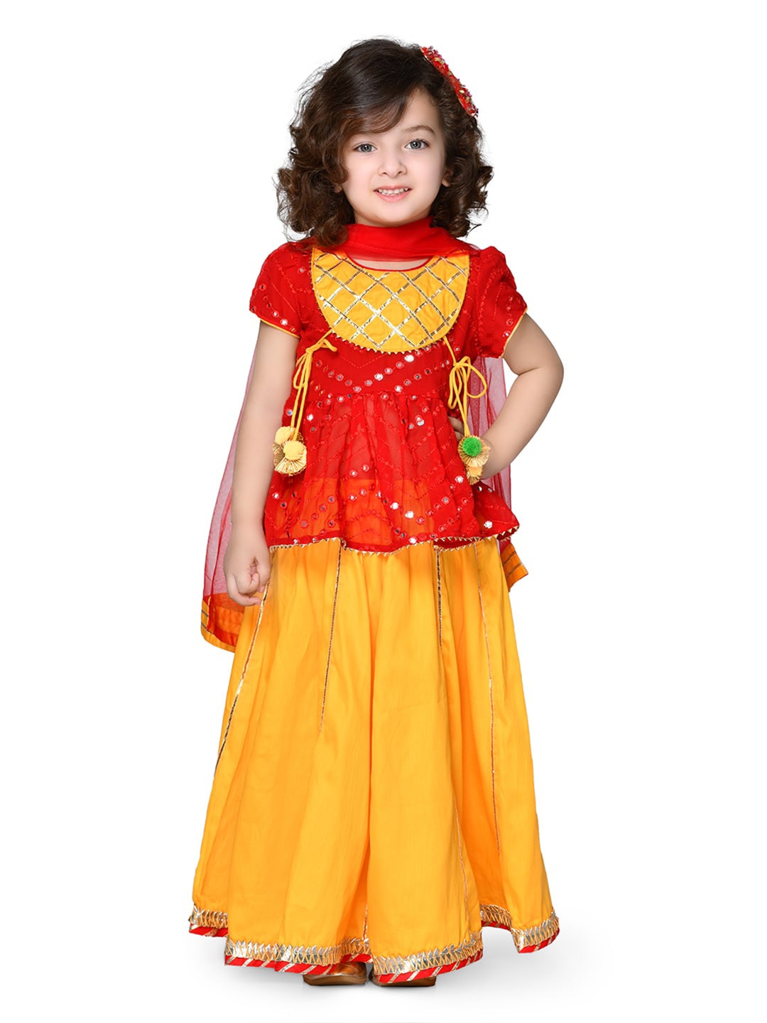 

SAKA DESIGNS Girls Embroidered Mirror Work Ready to Wear Lehenga Choli With Dupatta, Yellow