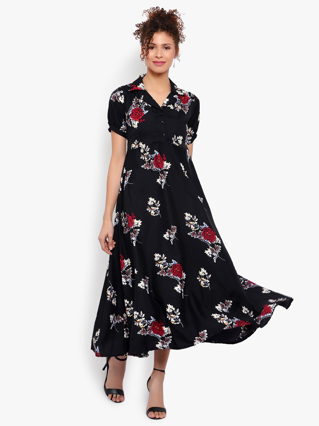 

Indietoga Shirt Collar Floral Printed Crepe Maxi Fit and Flare Dress, Black