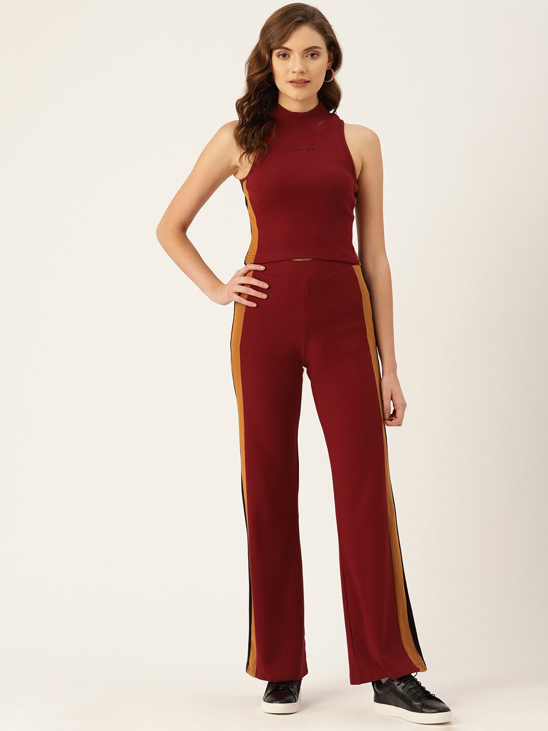 

FEMEA Side High Neck Panel Detail Ribbed Top With Trouser, Maroon