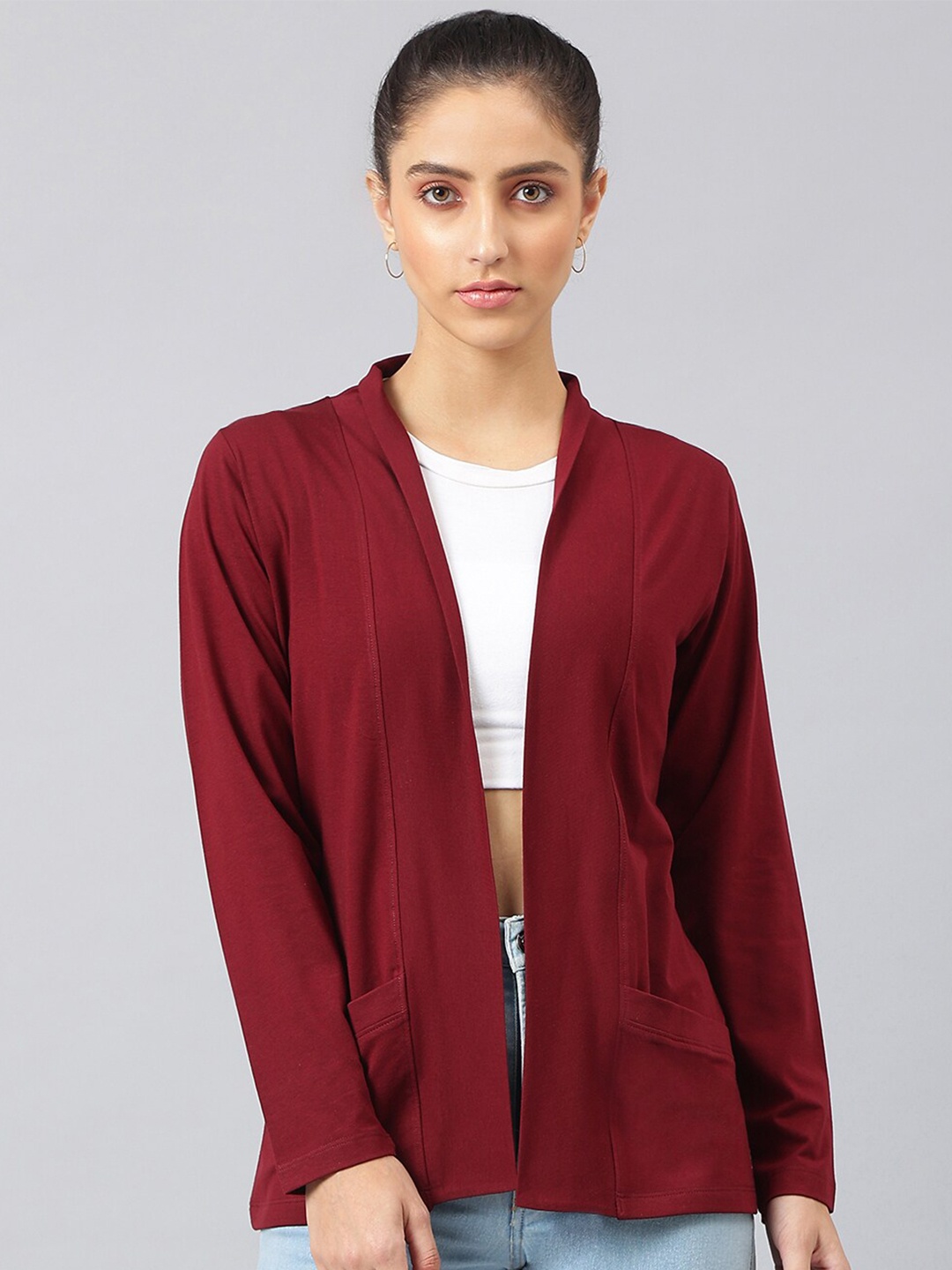 

FEMEA Long Sleeves Open Front Shrug, Maroon