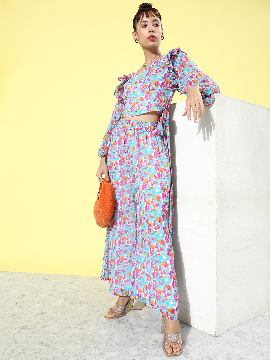 

ANVI Be Yourself Blue & Pink Abstract Print Ruffled Puff Sleeves Chiffon Top & Palazzos