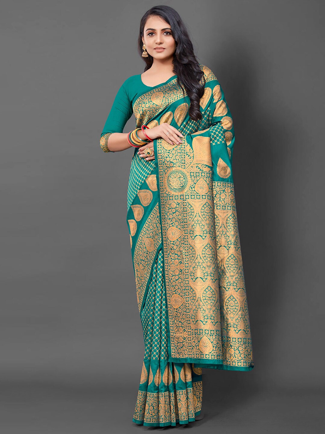 

Mitera Woven Design Silk Blend Banarasi Saree, Teal