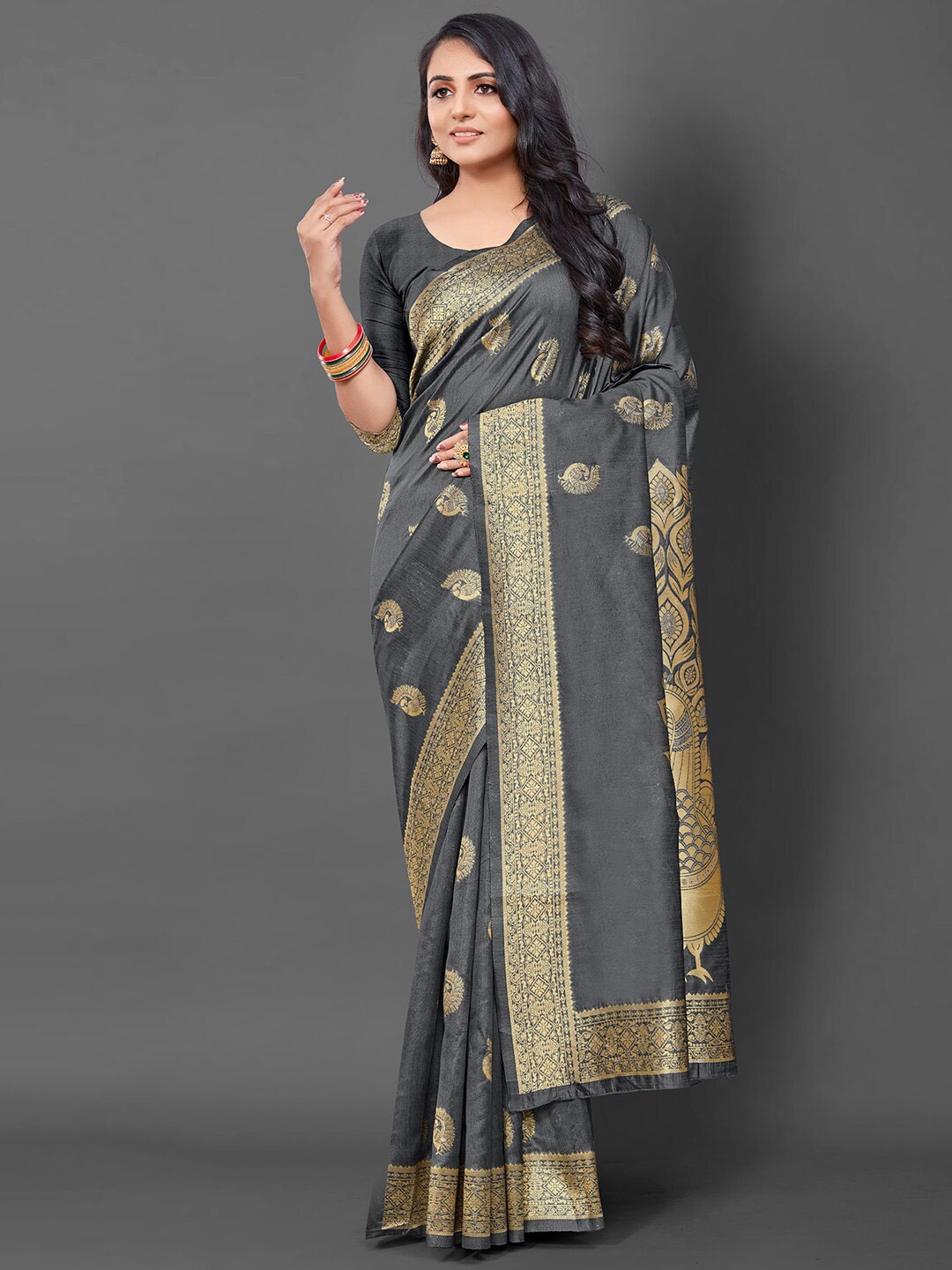 

Mitera Ethnic Motifs Woven Design Silk Blend Banarasi Saree, Grey