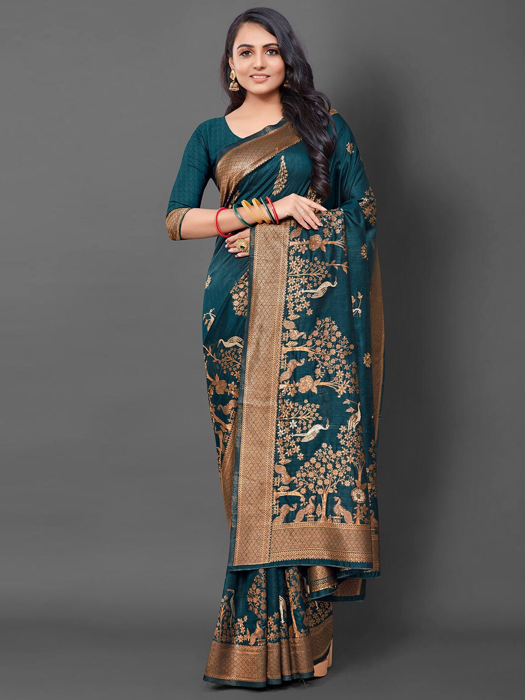 

Mitera Ethnic Motifs Woven Design Silk Blend Banarasi Saree, Teal