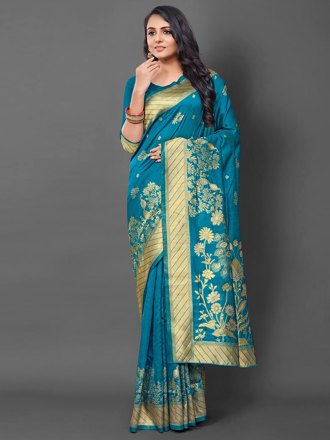 

Mitera Floral Woven Design Banarasi Saree, Blue