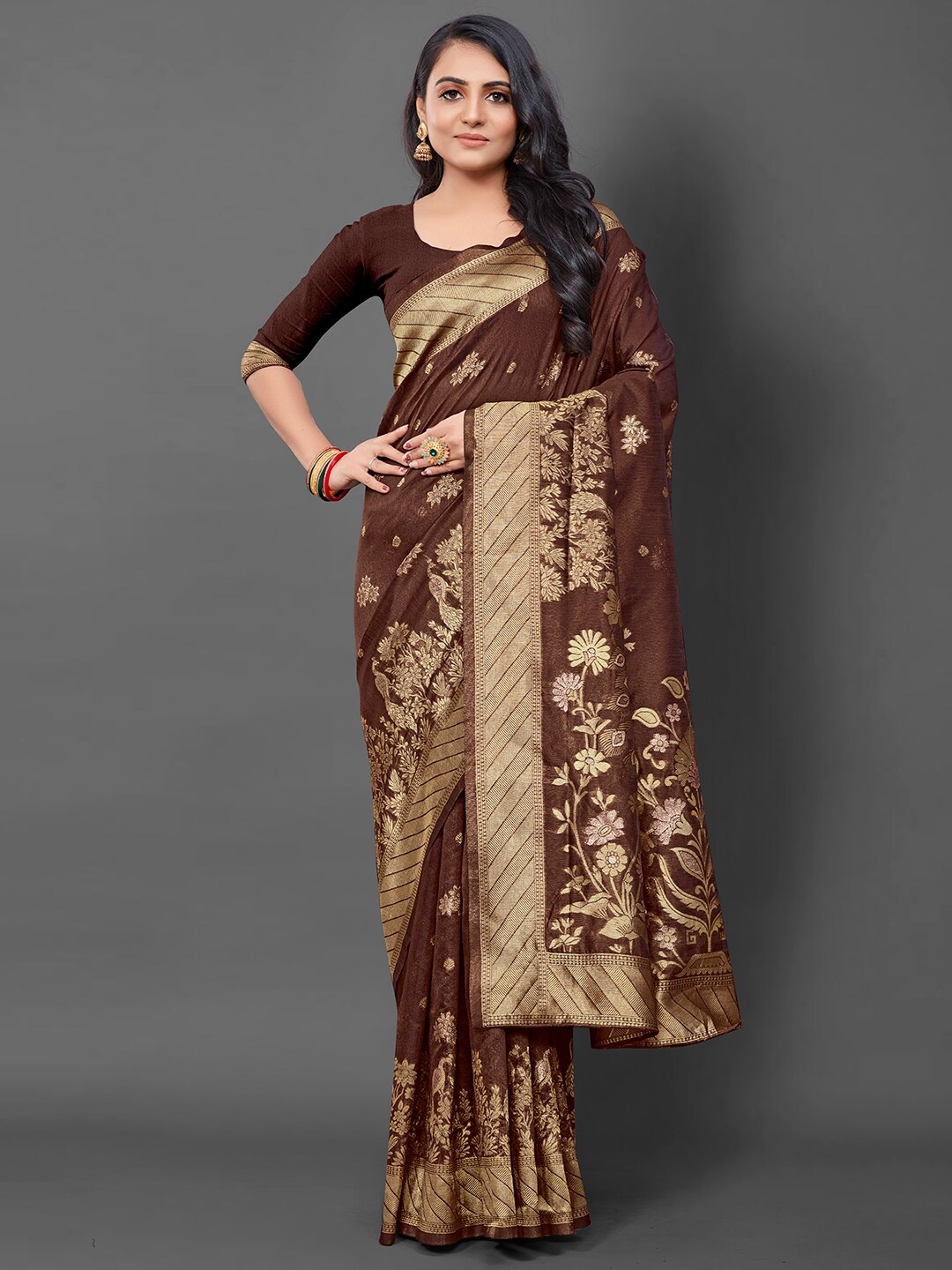 

Mitera Floral Silk Blend Banarasi Saree, Brown