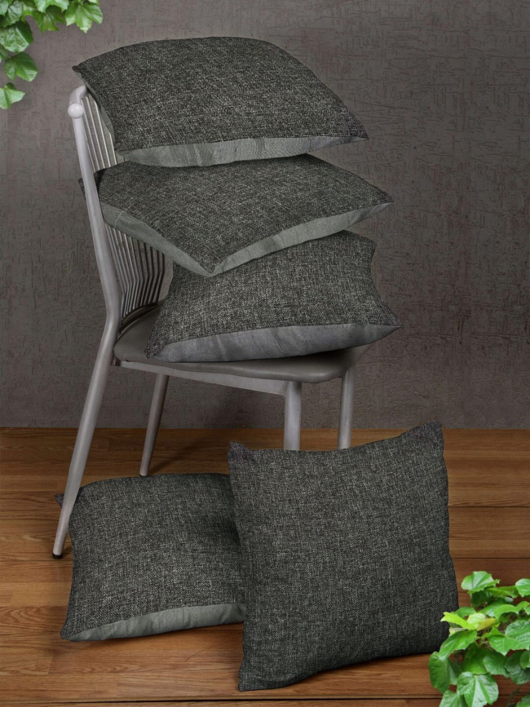 

ROMEE Grey 5 Pieces Solid Jute Silk Square Cushion Covers