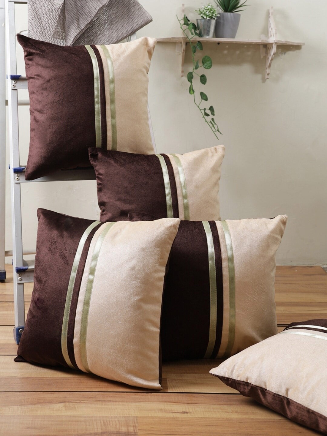 

ROMEE Brown & Beige 5 Pieces Striped Square Cushion Covers
