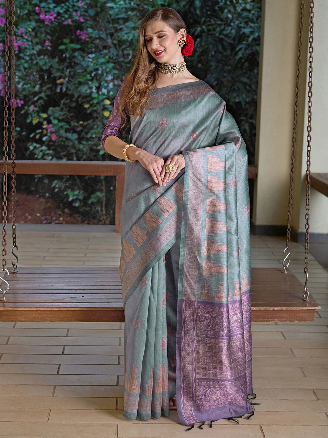 

Saree mall Dabu Silk Blend Bagh Sarees, Grey