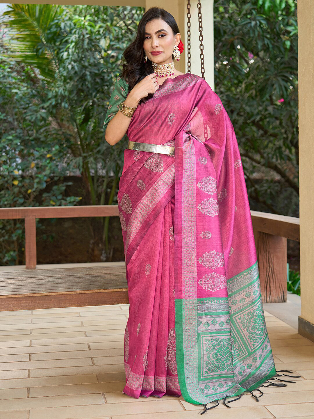 

Saree mall Ethnic Motifs Printed Silk Blend Saree, Pink