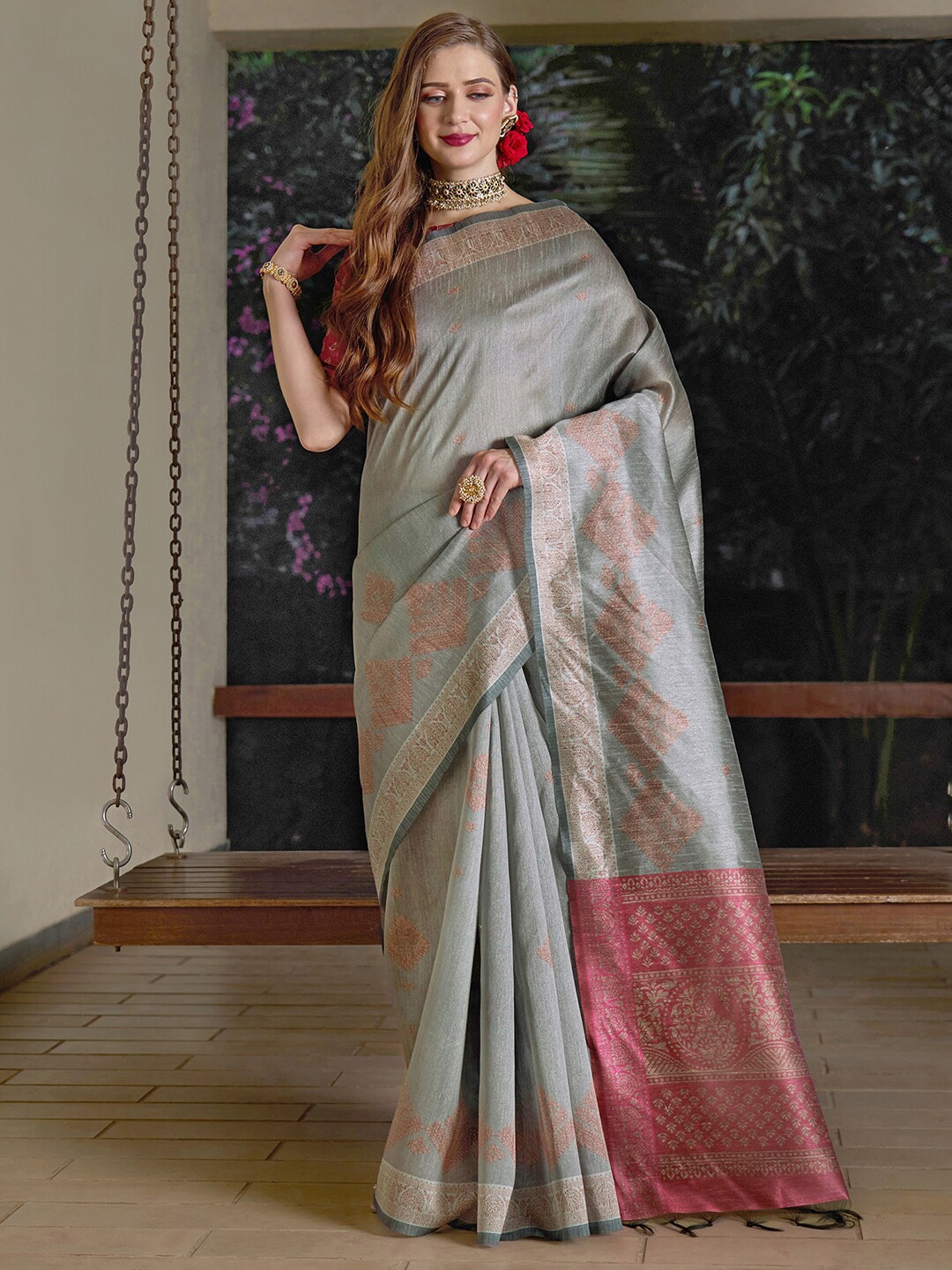 

Saree mall Ethnic Motifs Printed Silk Blend Saree, Grey