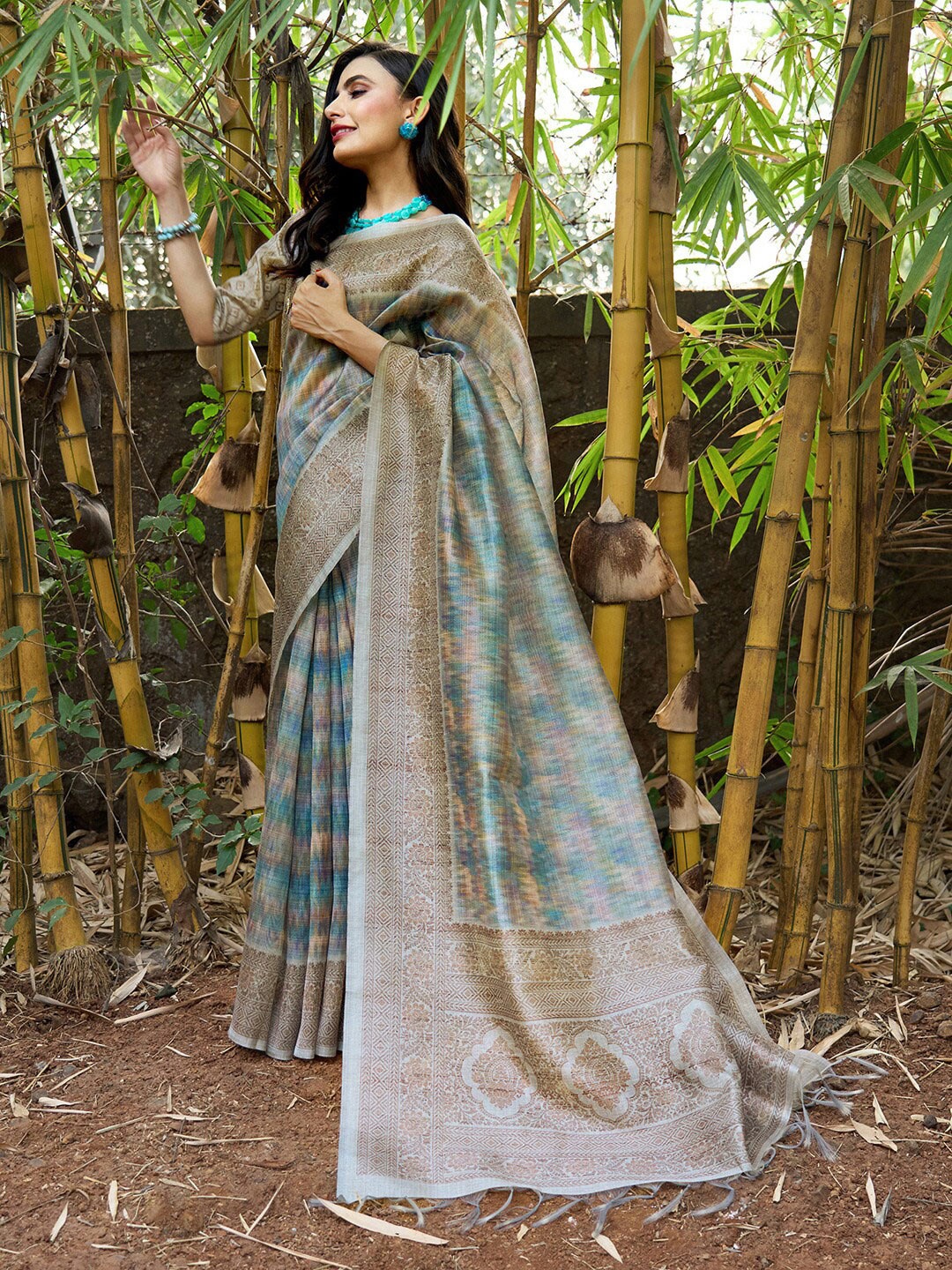 

Saree mall Abstract Printed Silk Blend Block Print Sarees, Turquoise blue