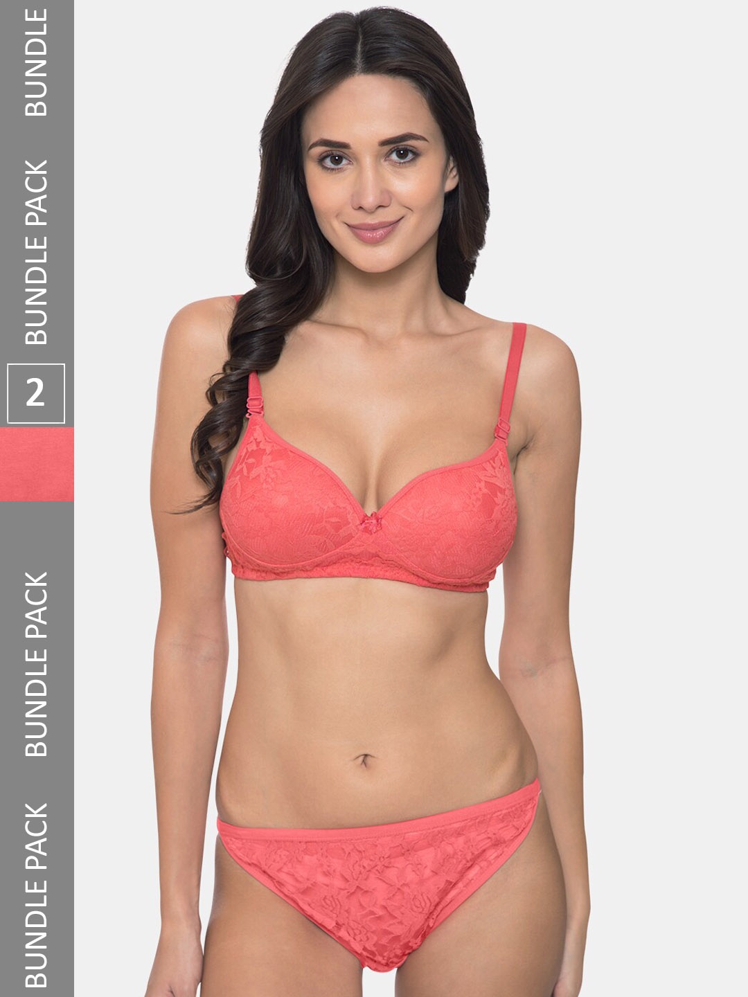 

KOMLI Pack Of 2 Self-Designed Cotton Heavily Padded Lingerie Set K-905-2PC-CRL, Coral