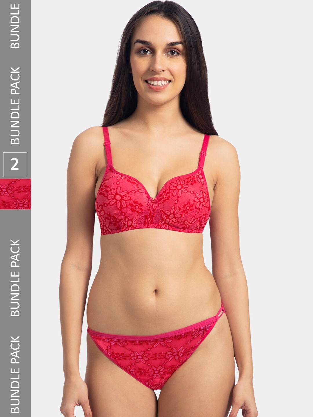 

KOMLI Pack Of 2 Self Design Heavily Padded Cotton Lingerie Set K-907-2PC-DPK, Pink