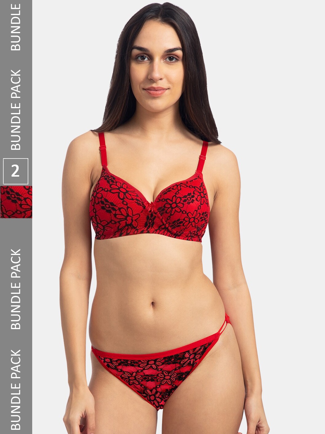 

KOMLI Pack Of 2 Printed Heavily Padded Cotton Lingerie Set K-907-2PC-RD, Red