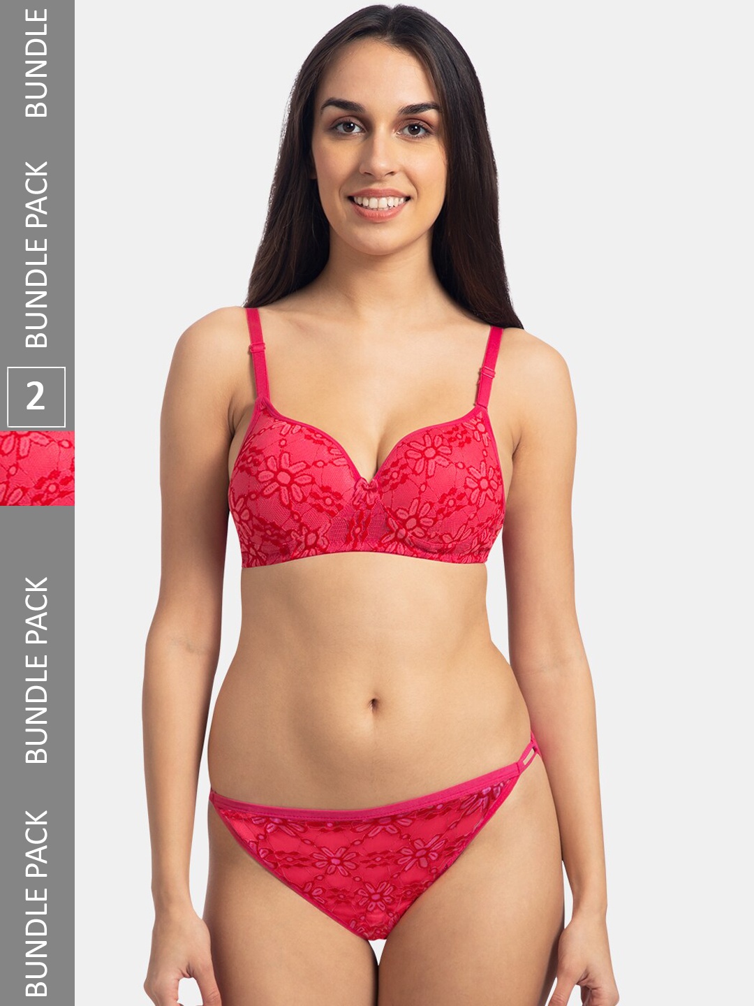 

KOMLI Pack Of 2 Floral Cotton Lightly Padded Lingerie Set K-908-2PC-DPK, Pink
