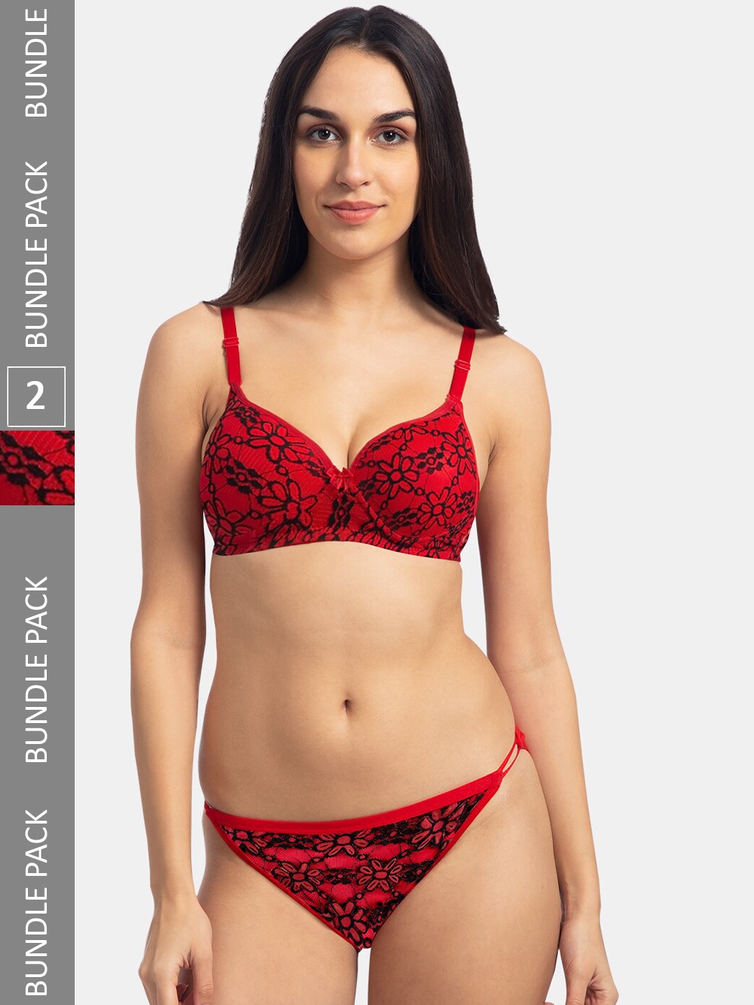 

KOMLI Pack Of 2 Printed Lightly Padded Cotton Lingerie Set K-908-2PC-RD, Red