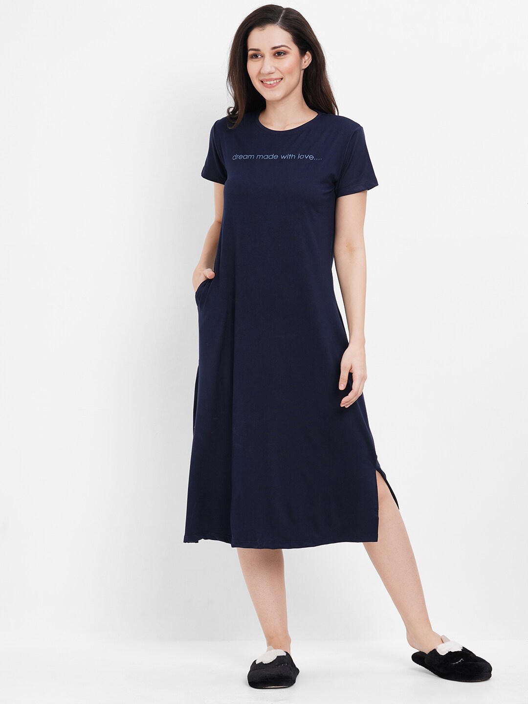 

Sweet Dreams Typography Printed Nightdress, Navy blue