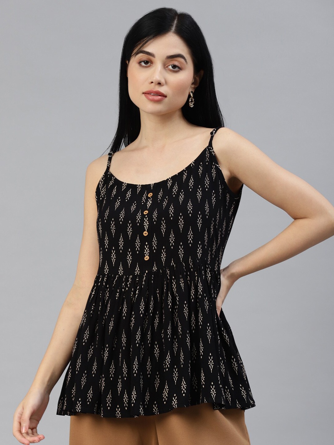 

HERE&NOW Ethnic Motifs Rayon Printed Empire Top, Black