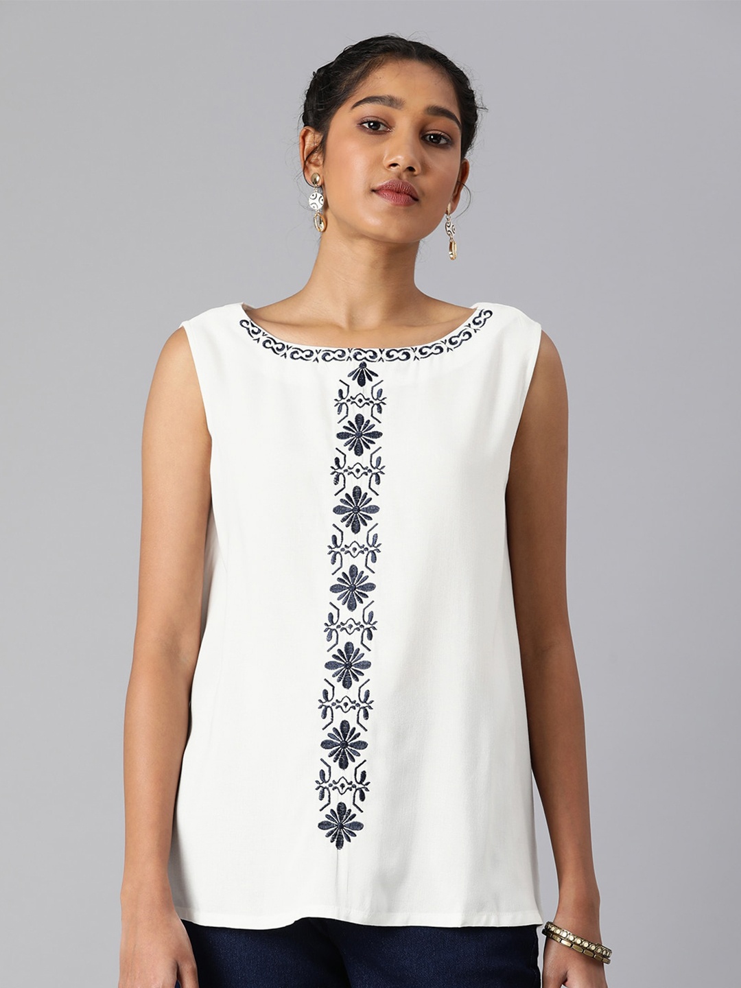 

HERE&NOW Ethnic Motifs Rayon Embroidered Top, White