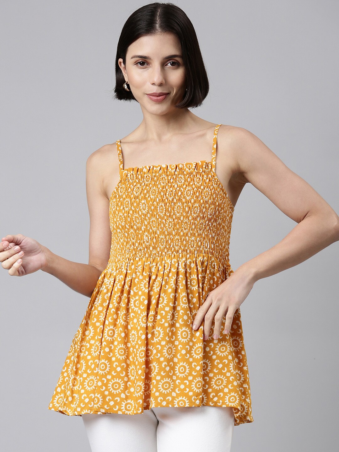 

HERE&NOW Shoulder Straps Smocked Ethnic Motifs Printed A-Line Top, Yellow