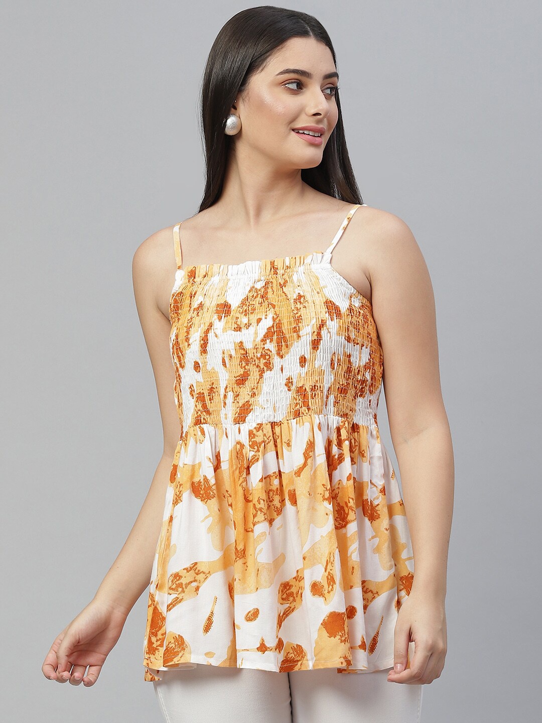 

HERE&NOW Shoulder Straps Smocked Abstract Printed A-Line Top, Orange