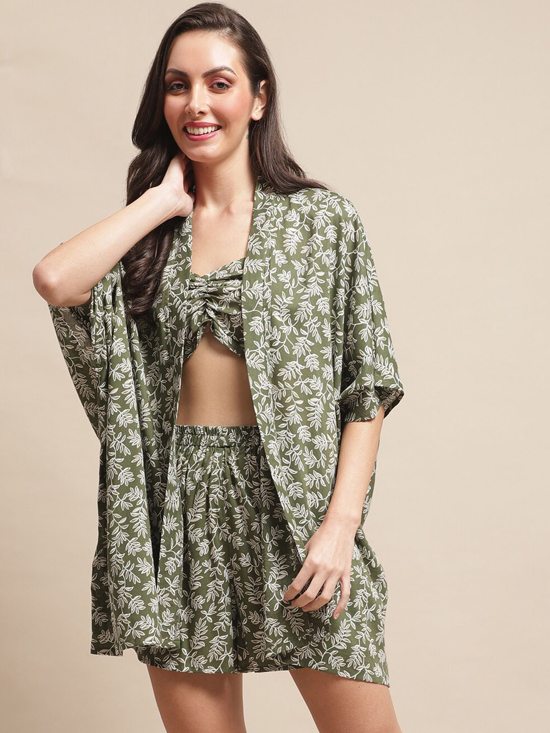 

Claura Floral Printed Swimwear Cover Up Set With Robe, Green