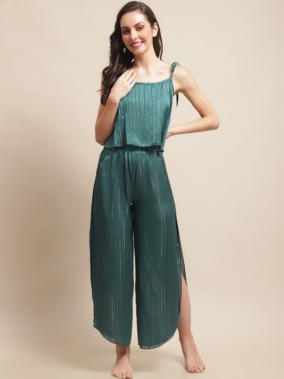 

Claura Vertical Stripes Top & Trouser Swimwear Set, Green