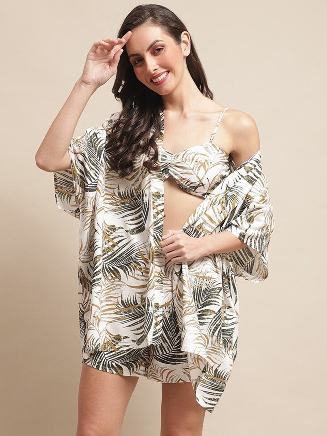 

Claura Tropical Printed Swimwear Cover Up Set With Robe, White