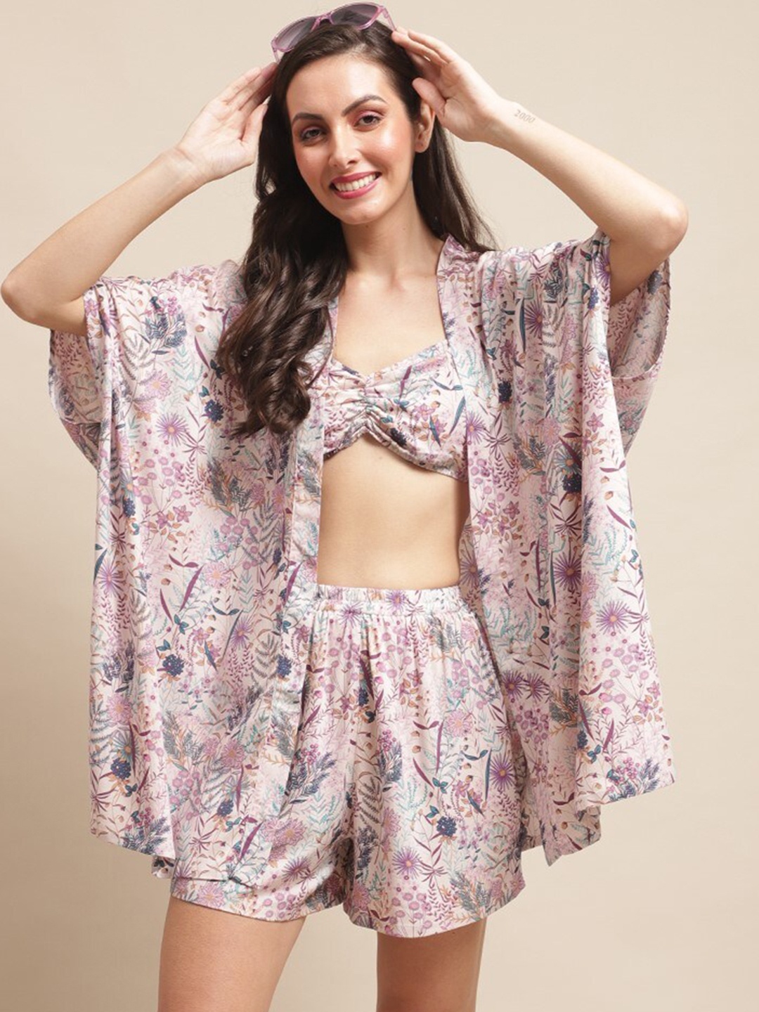 

Claura Floral Printed Swimwear Cover Up Set With Robe, White