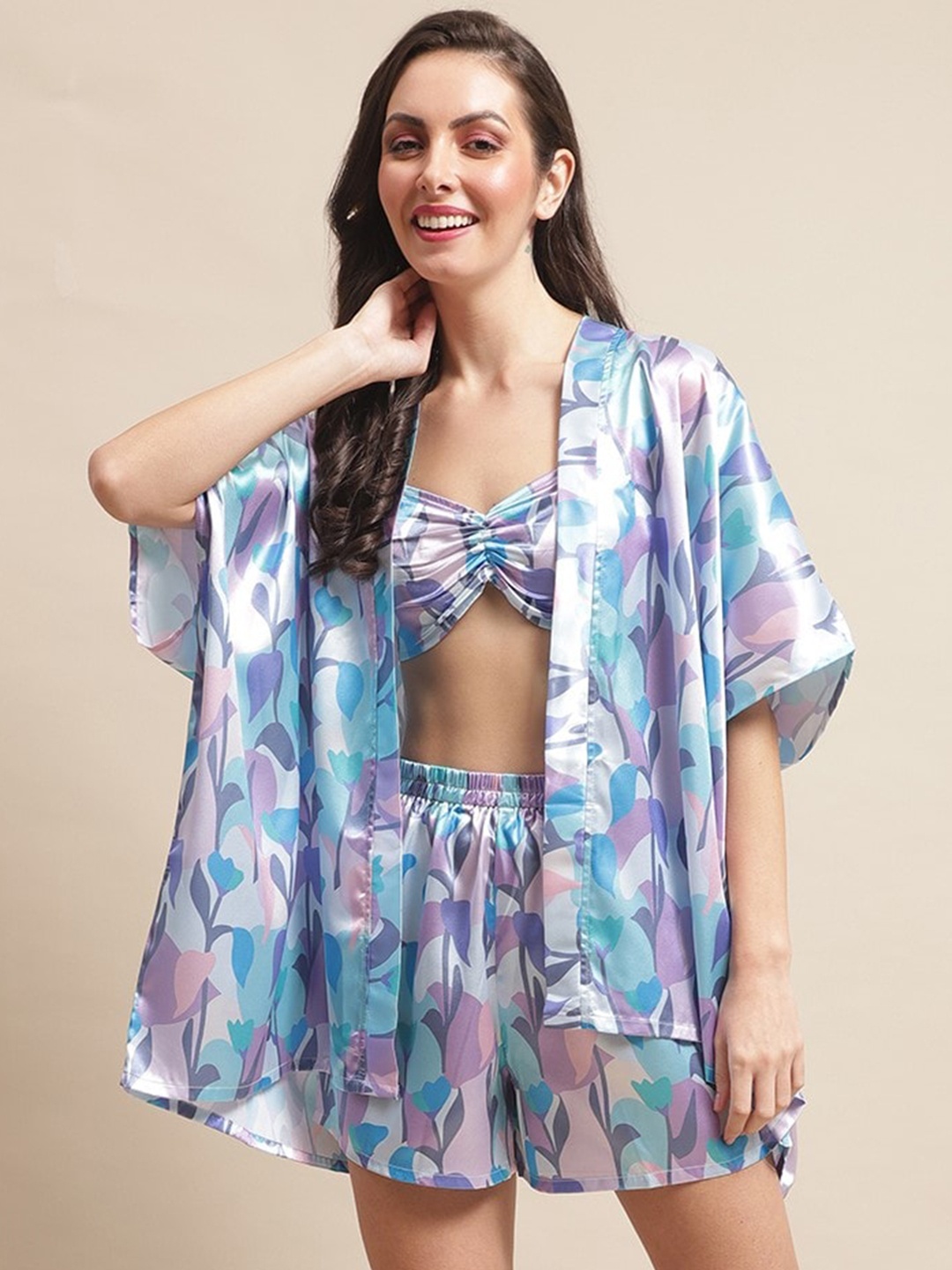 

Claura Women Tropical Printed Bikini Bra With Shorts & Shrug Beachwear Set, Blue