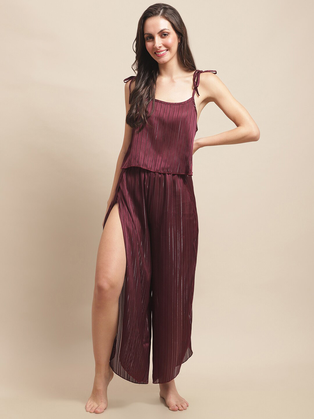 

Claura Vertical Stripes Top & Trouser Swimwear Set, Burgundy