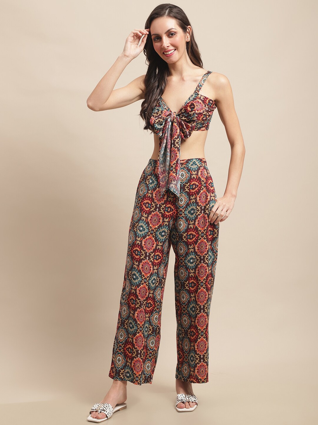 

Claura Floral Printed Top & Trouser Swimwear Set, Brown