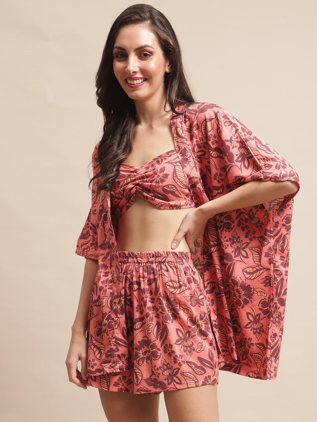 

Claura Floral Printed Swimwear Cover Up Set With Robe, Rust