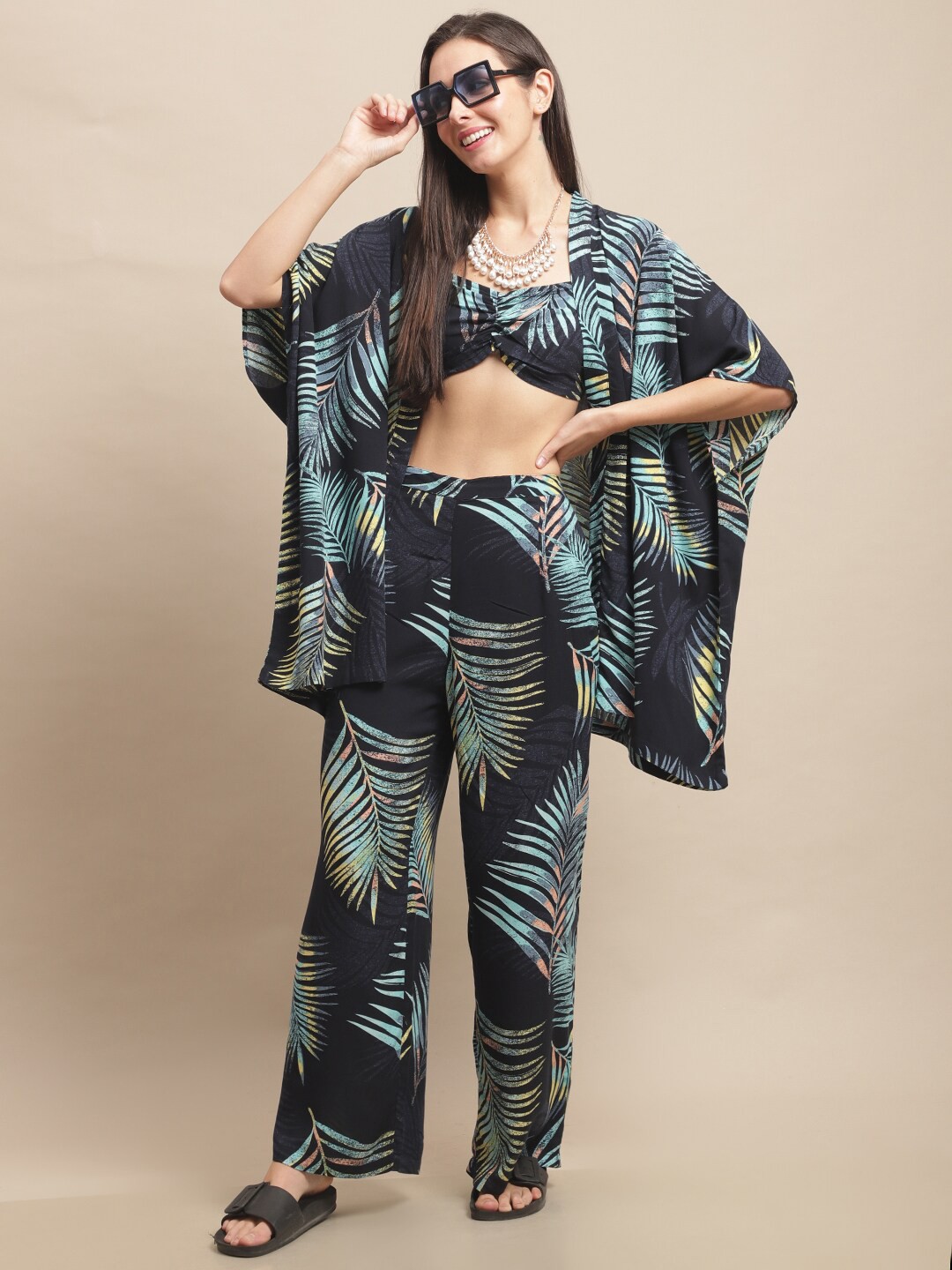 

Claura Tropical Printed Swimwear Cover Up Set With Robe, Navy blue