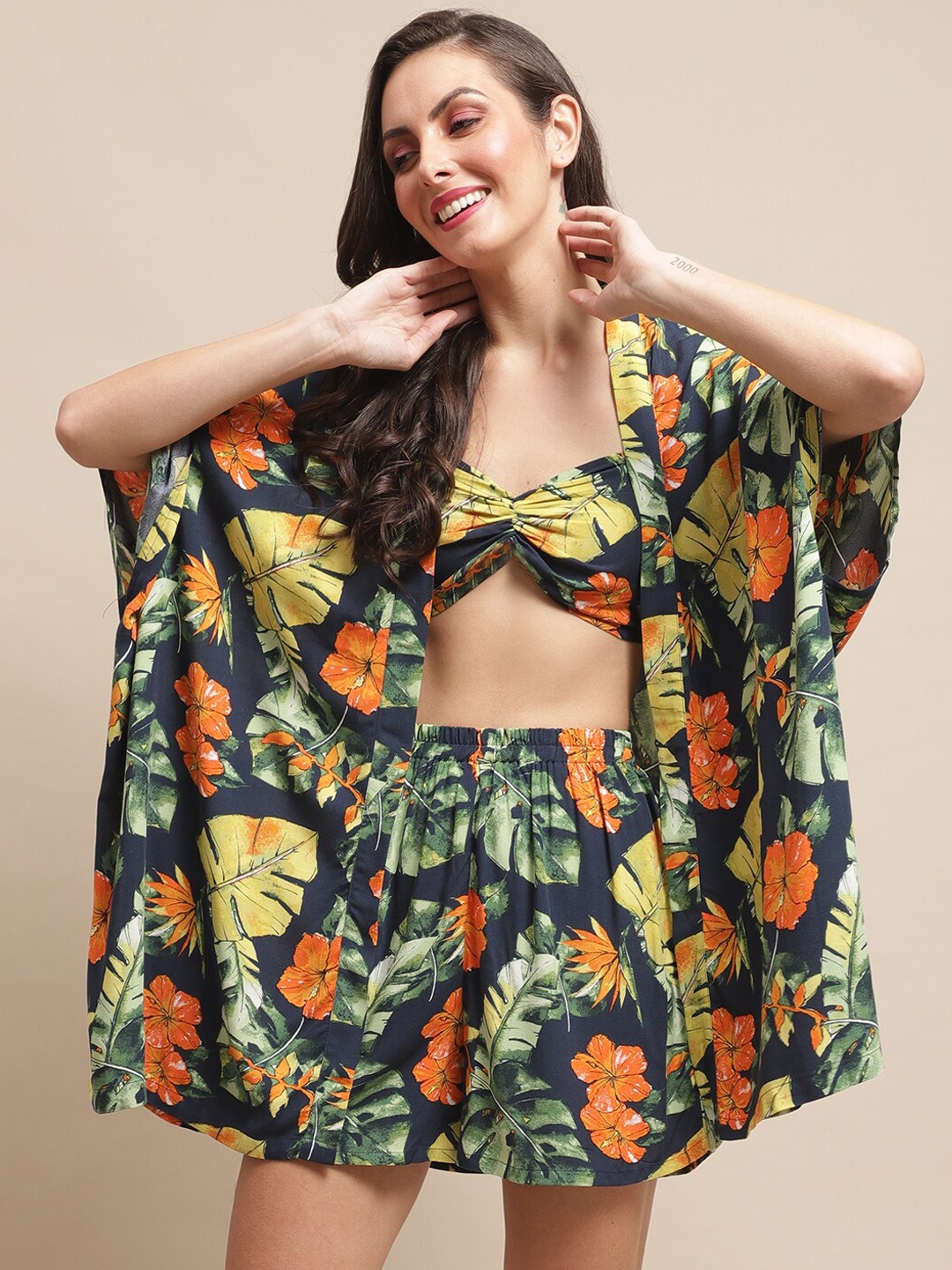 

Claura Tropical Printed Swimwear Cover Up Set With Robe, Navy blue