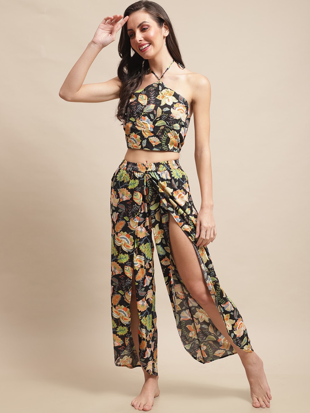 

Claura Floral Printed Top & Trouser Swimwear Set, Black