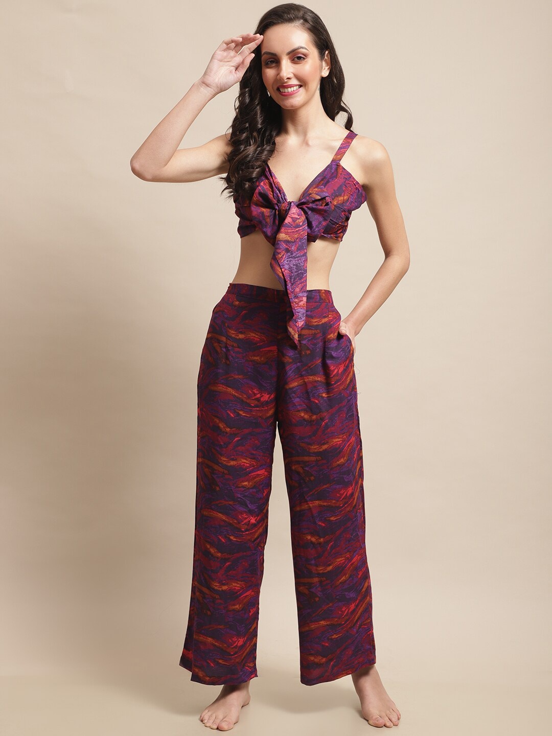 

Claura Abstract Printed Top & Trouser Swimwear Set, Purple