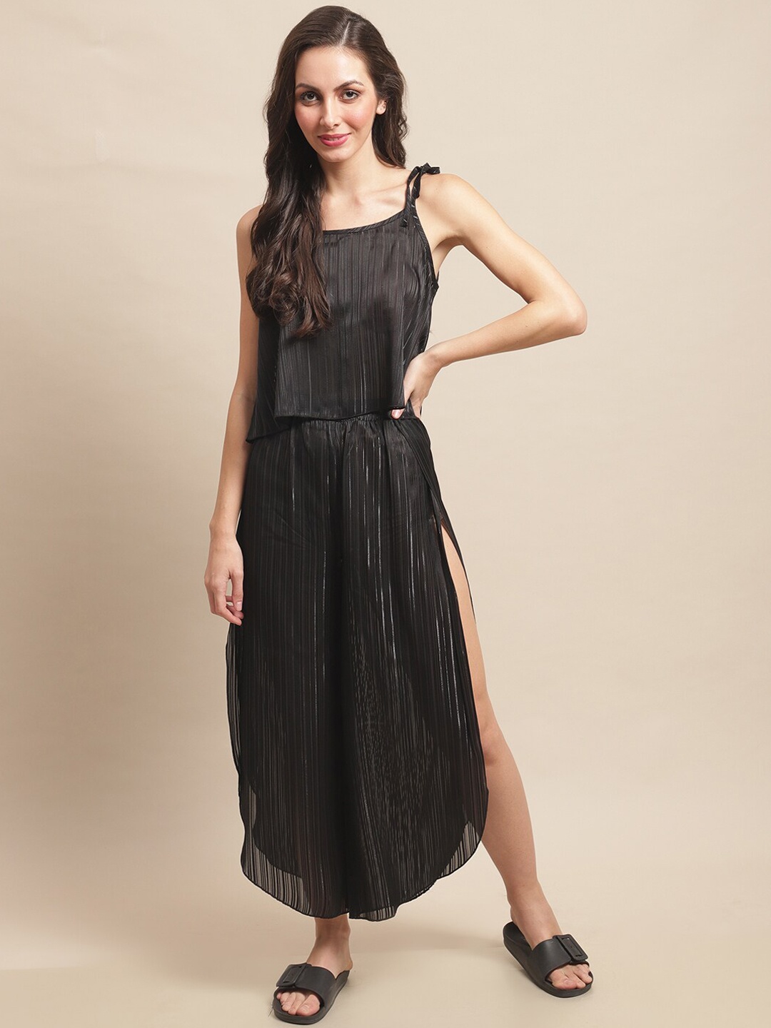 

Claura Vertical Stripes Top & Trouser Swimwear Set, Black