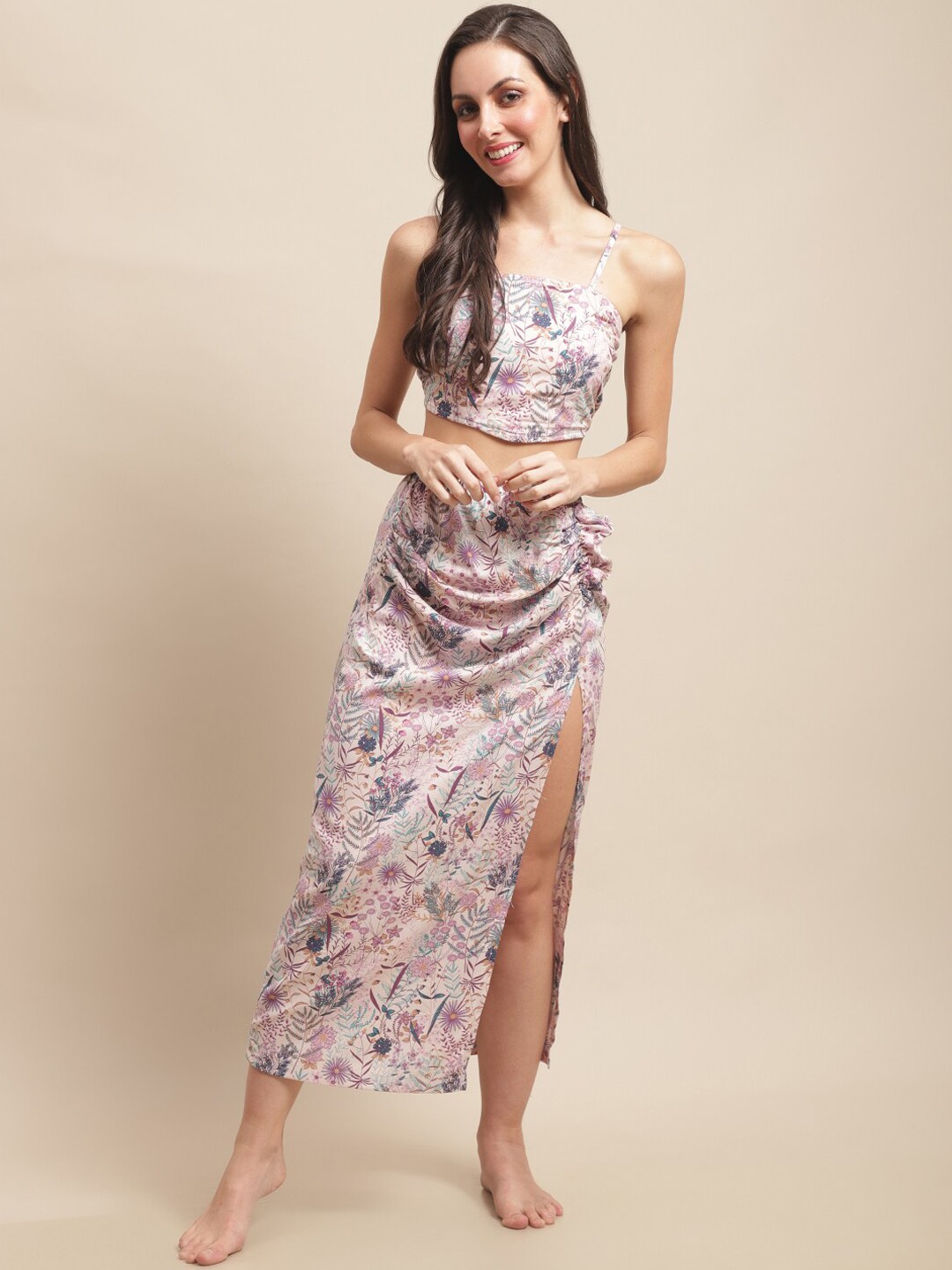 

Claura Floral Printed Top & Skirt Swimwear Set, Off white