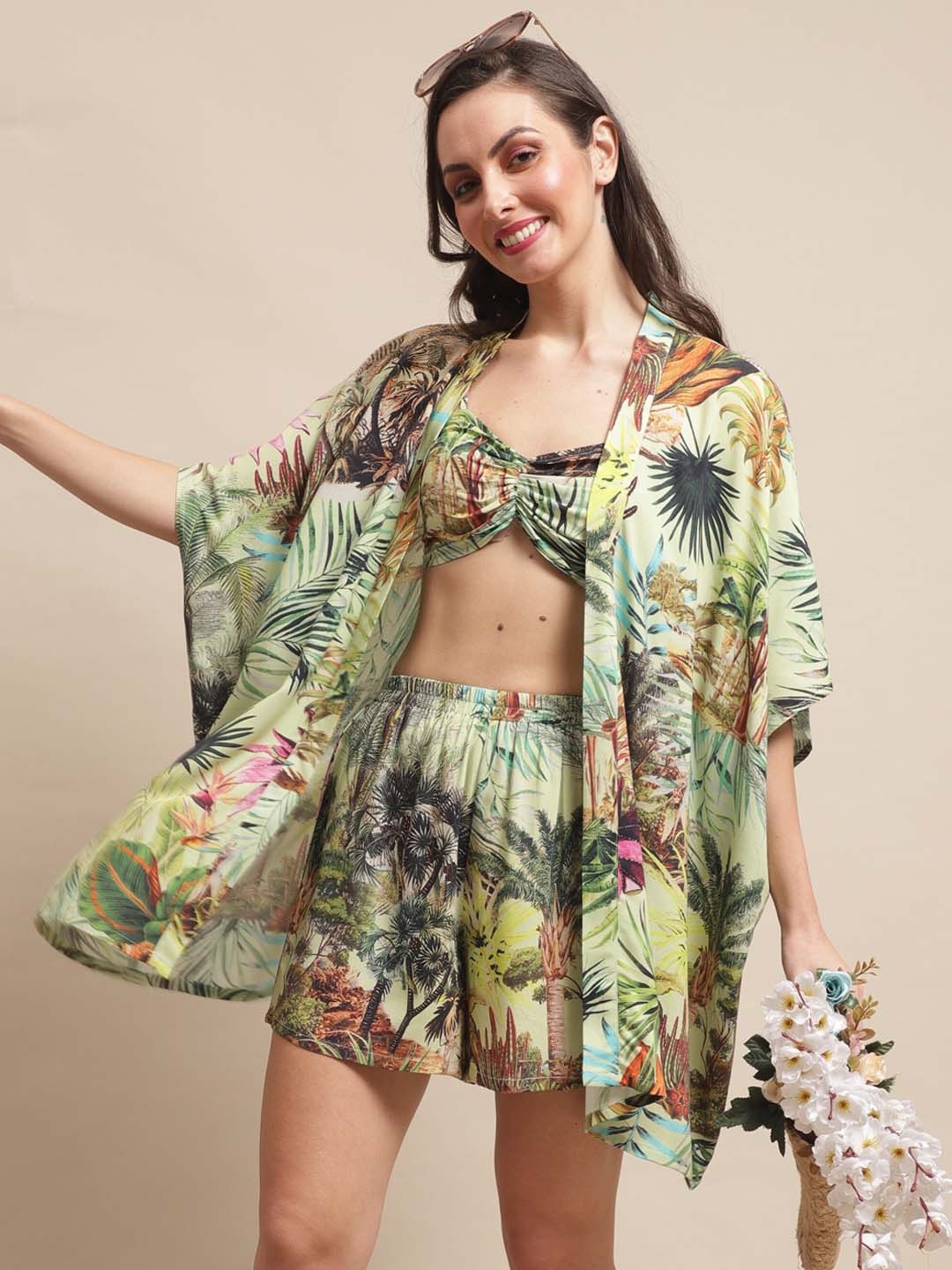 

Claura Tropical Printed Swimwear Cover Up Set With Robe, Green