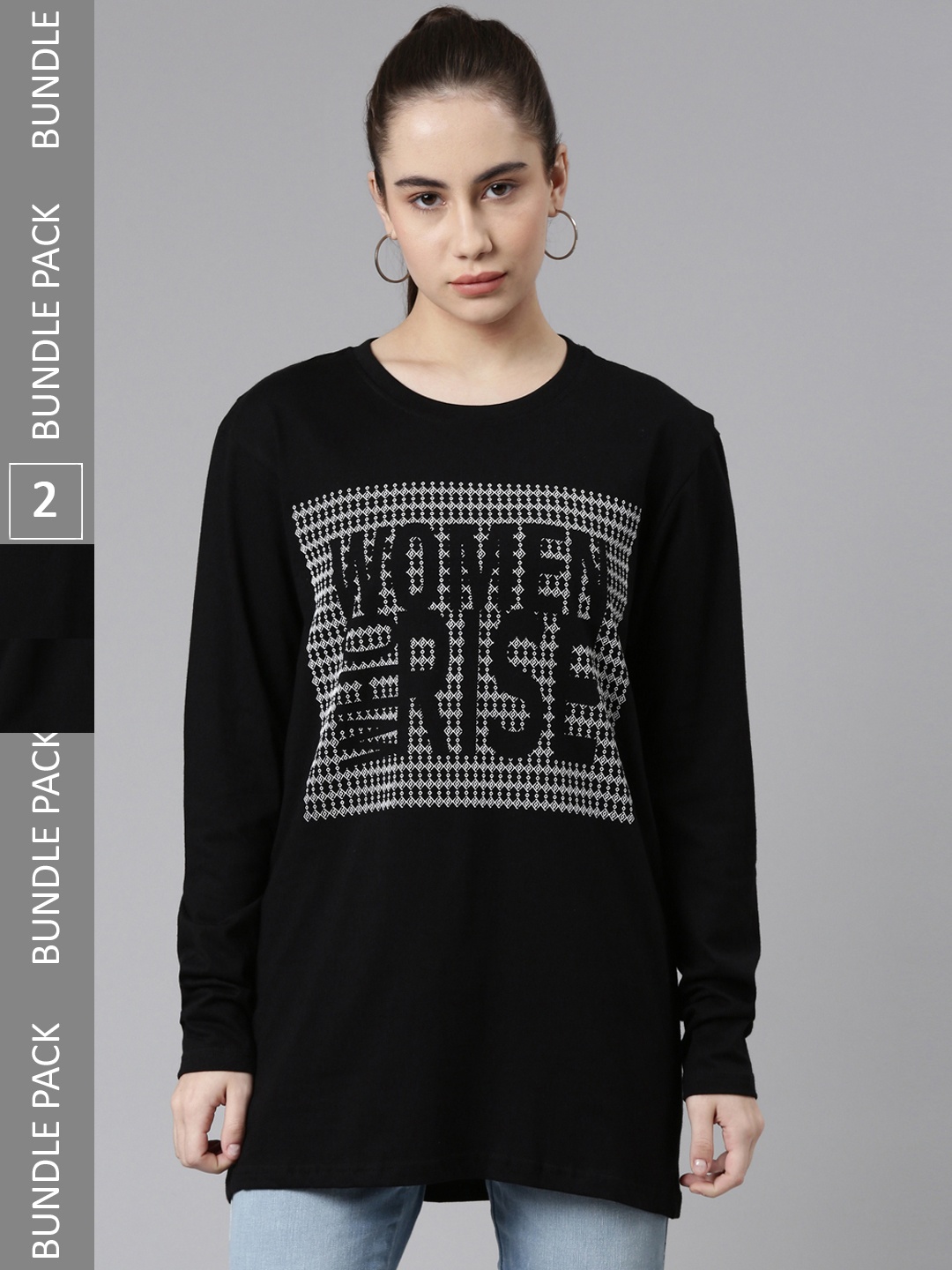 Kryptic Pack Of 2 Typography Printed Cotton Oversized T-shirt, Black
