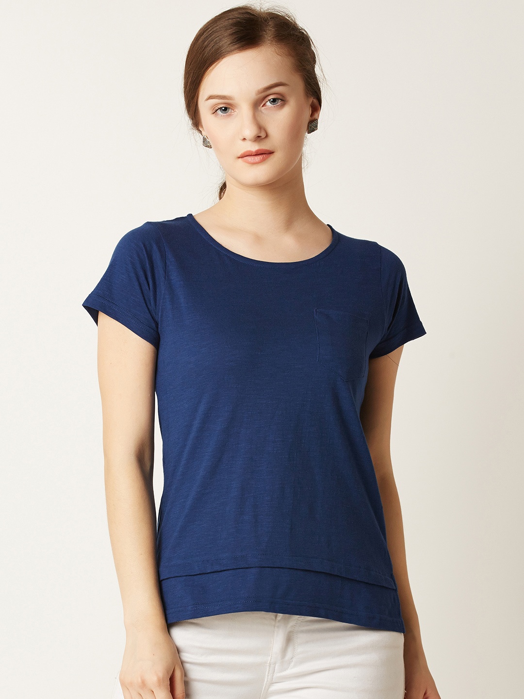 

Miss Chase Women Navy Blue Solid Pure Cotton Top