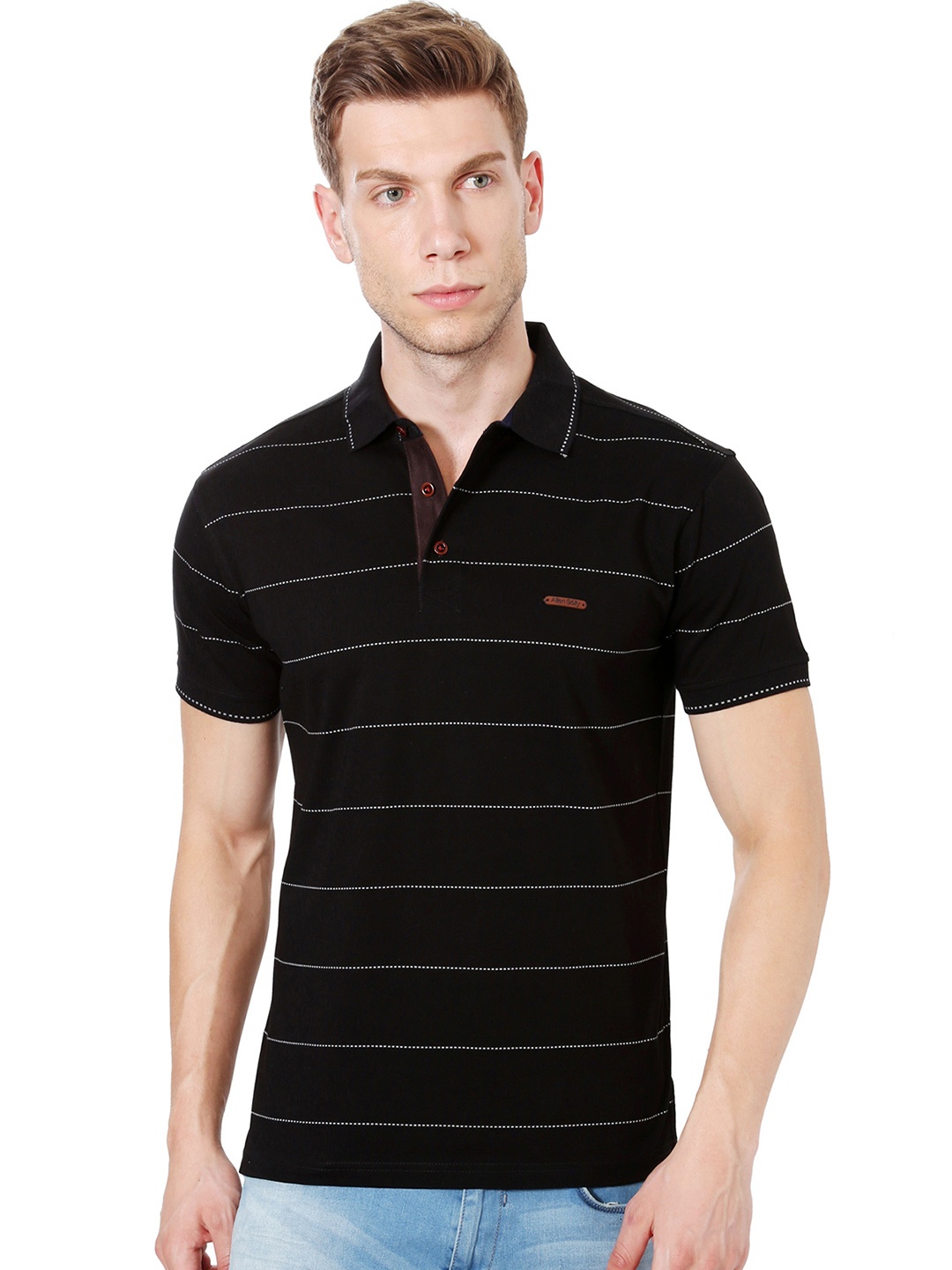 

Allen Solly Men Black Striped Polo Collar T-shirt