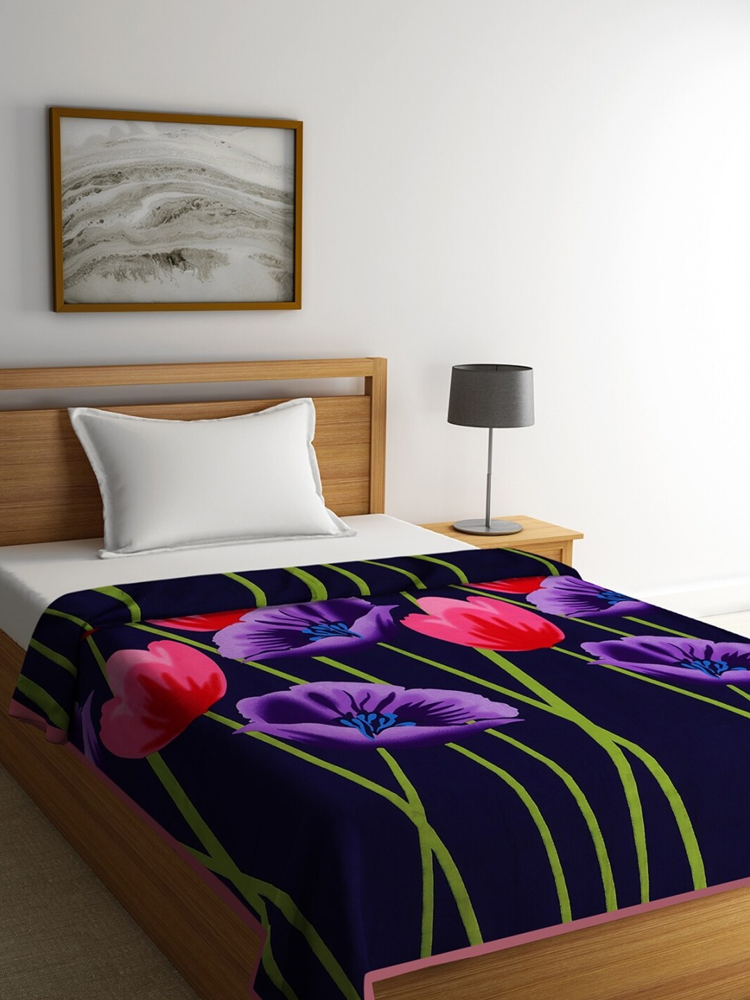 

ROMEE Navy Blue & Pink Floral AC Room 150 GSM Reversible Single Bed Dohar