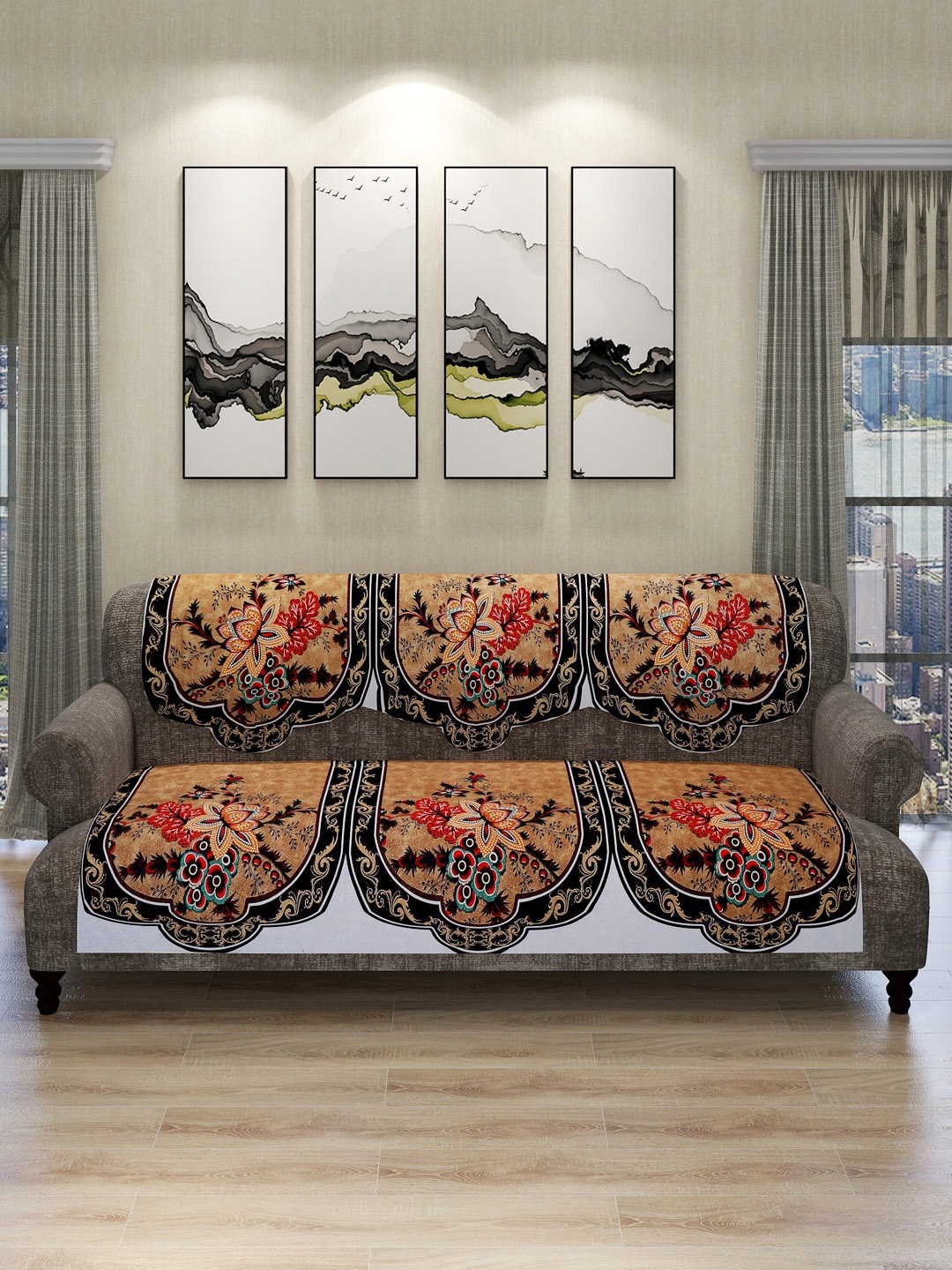 

ROMEE Brown & Maroon 6-Pcs Floral Design Velvet Finish 5-Seater Sofa Covers