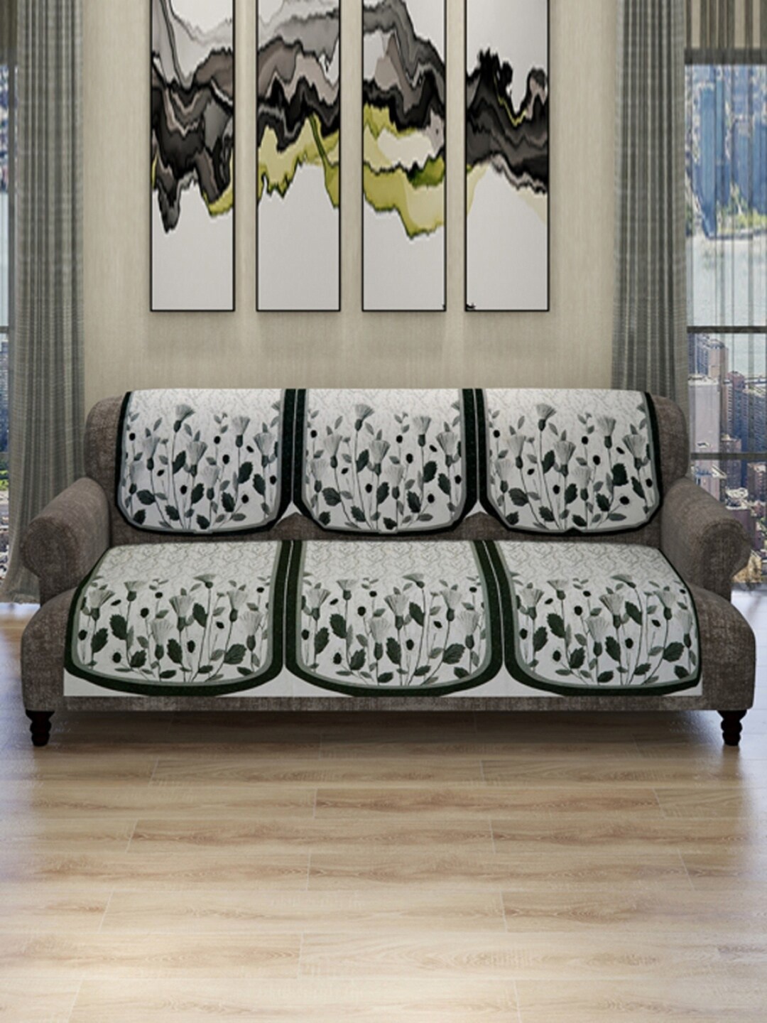 

ROMEE Silver-Toned & Grey 6 Pcs Floral Design Velvet Finish 5-Seater Sofa Covers