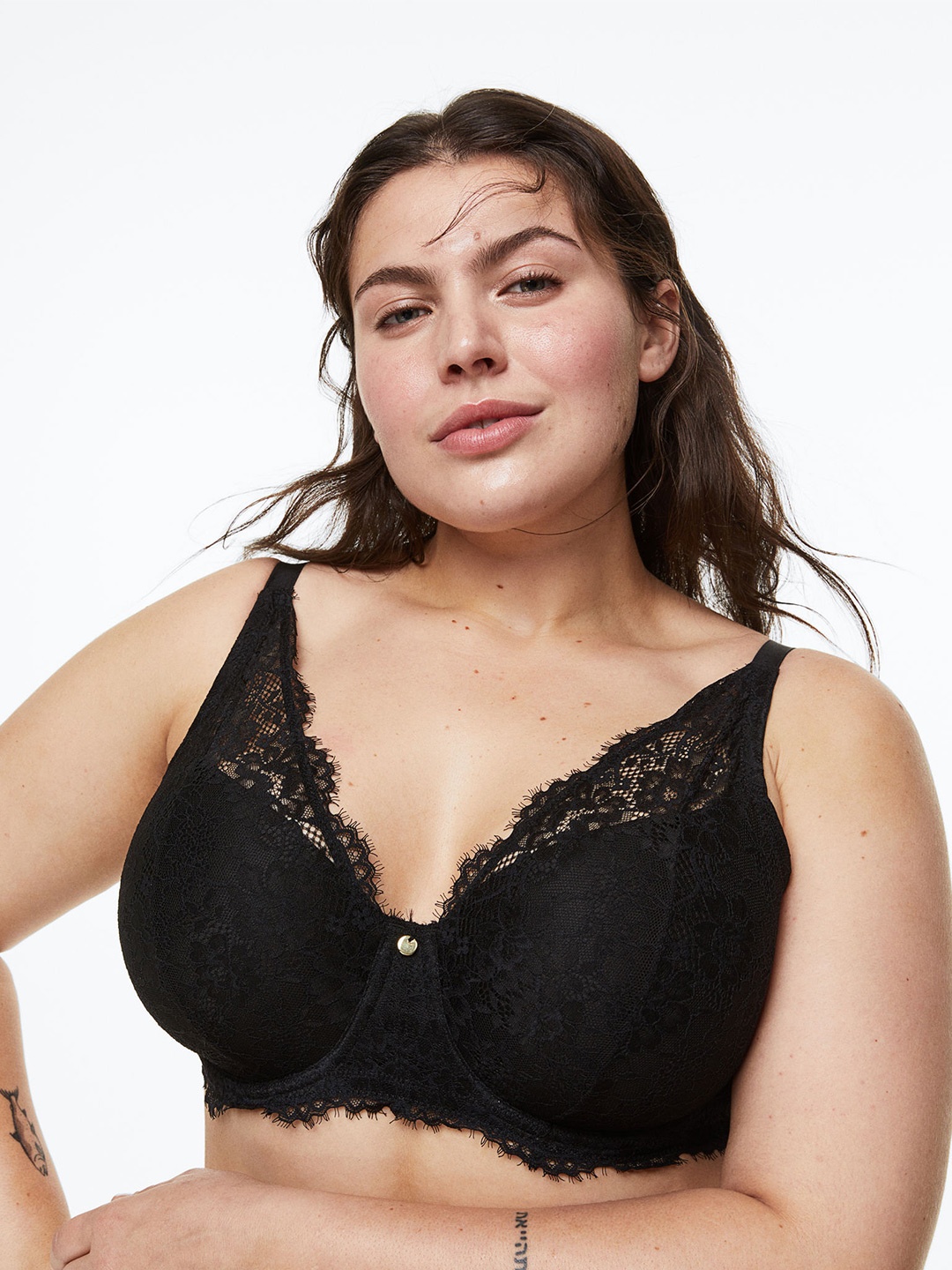 

H&M Plus Size Padded Underwired Lace Bra, Black