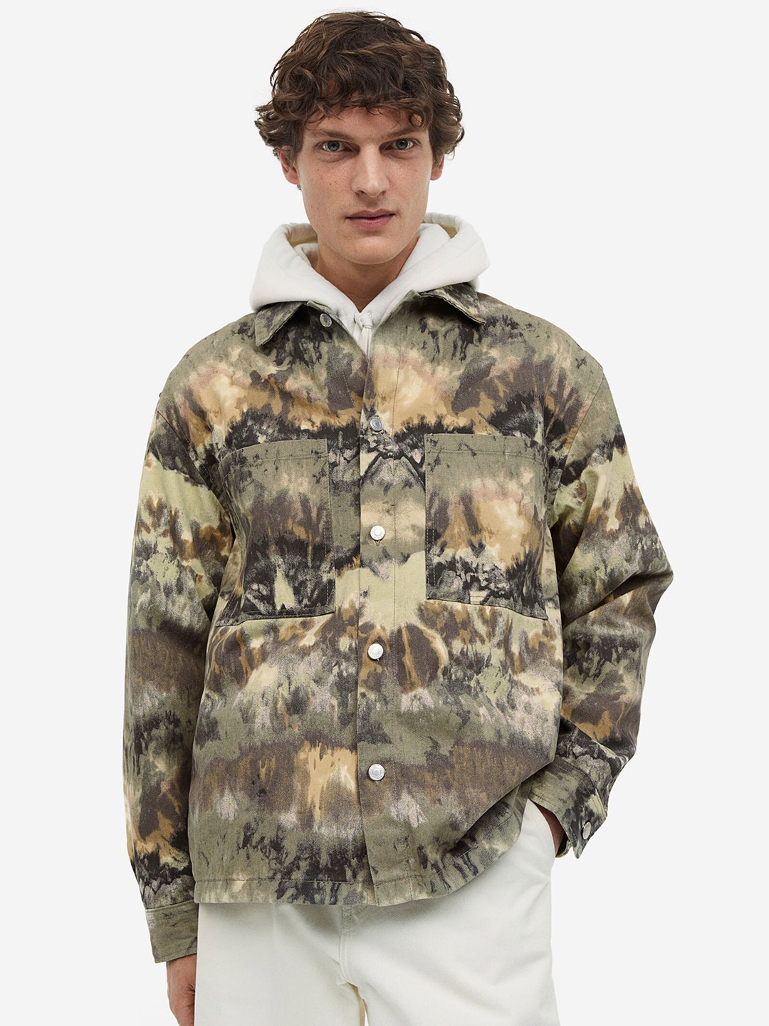 

H&M Men Pure Cotton Relaxed Fit Patterned Shacket, Green