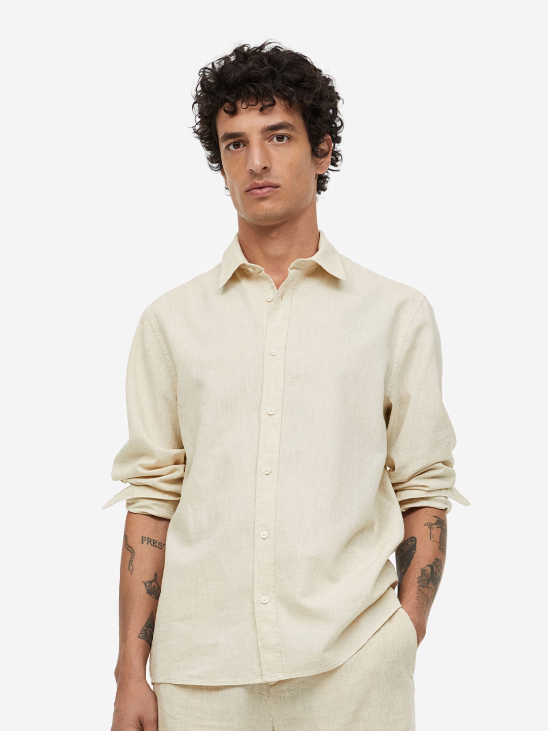 

H&M Men Regular Fit Linen-blend shirt, Beige